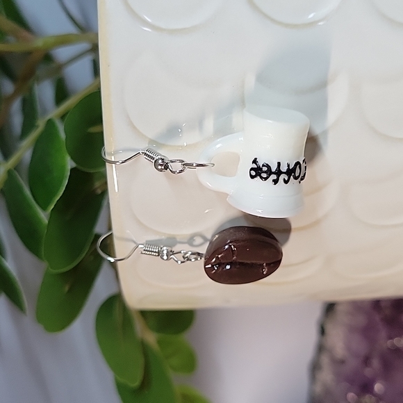Coffee Bean and Mug Mismatched Drop Earrings - Picture 3 of 7